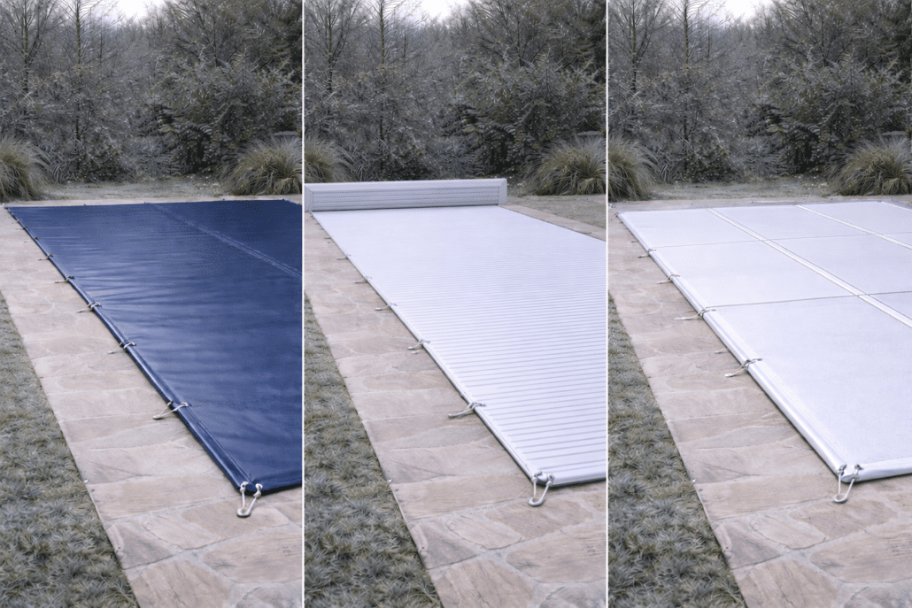 Couverture d’hivernage installée sur une piscine en période hivernale