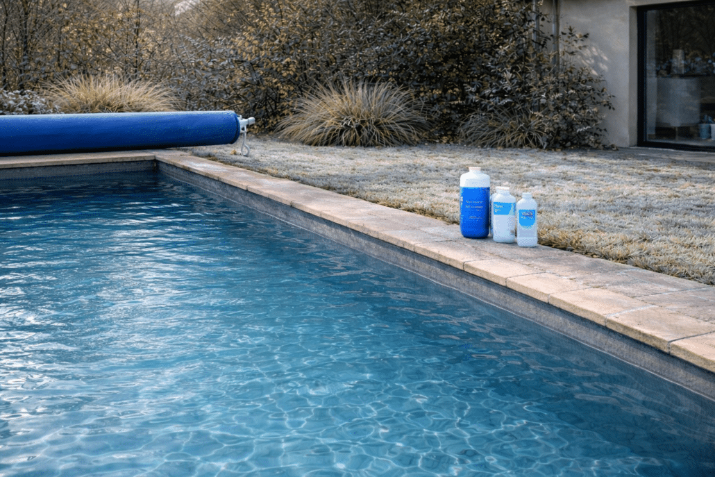Piscine préparée pour l’hivernage avec eau traitée et bassin nettoyé