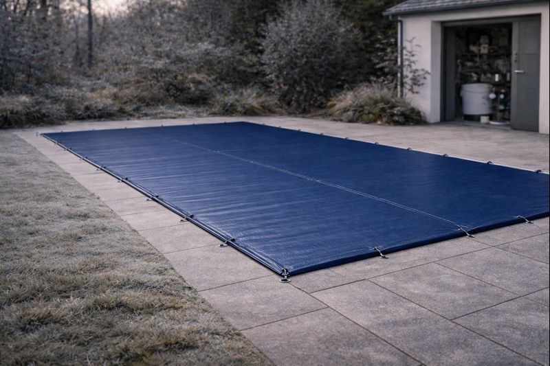 Piscine extérieure hivernée avec bâche de protection en période hivernale