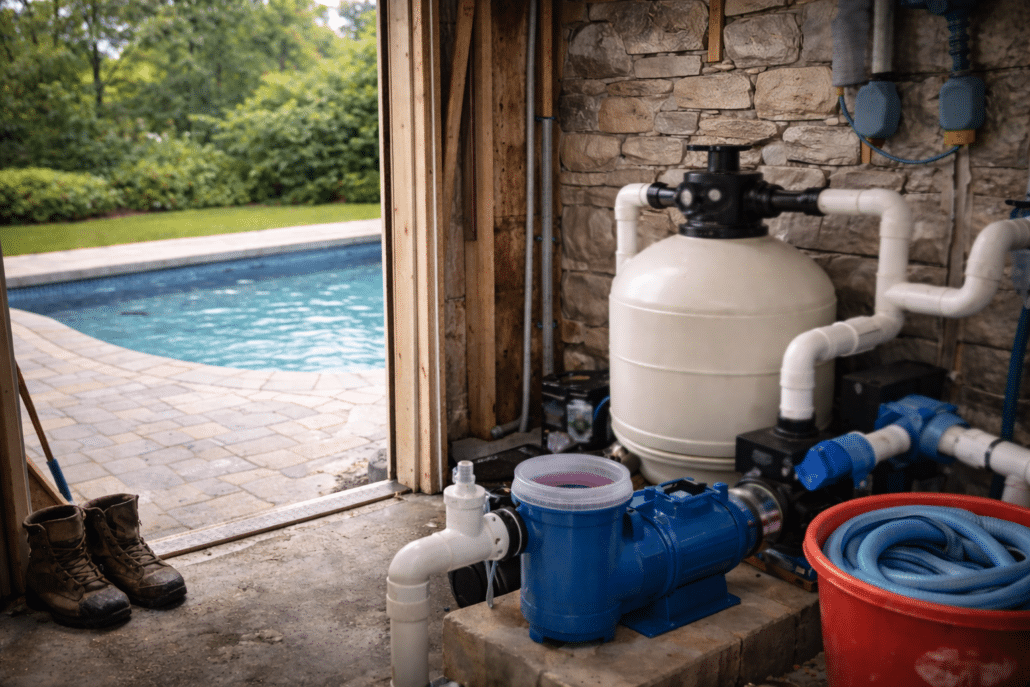 Local technique de piscine préparé et sécurisé pour l’hivernage