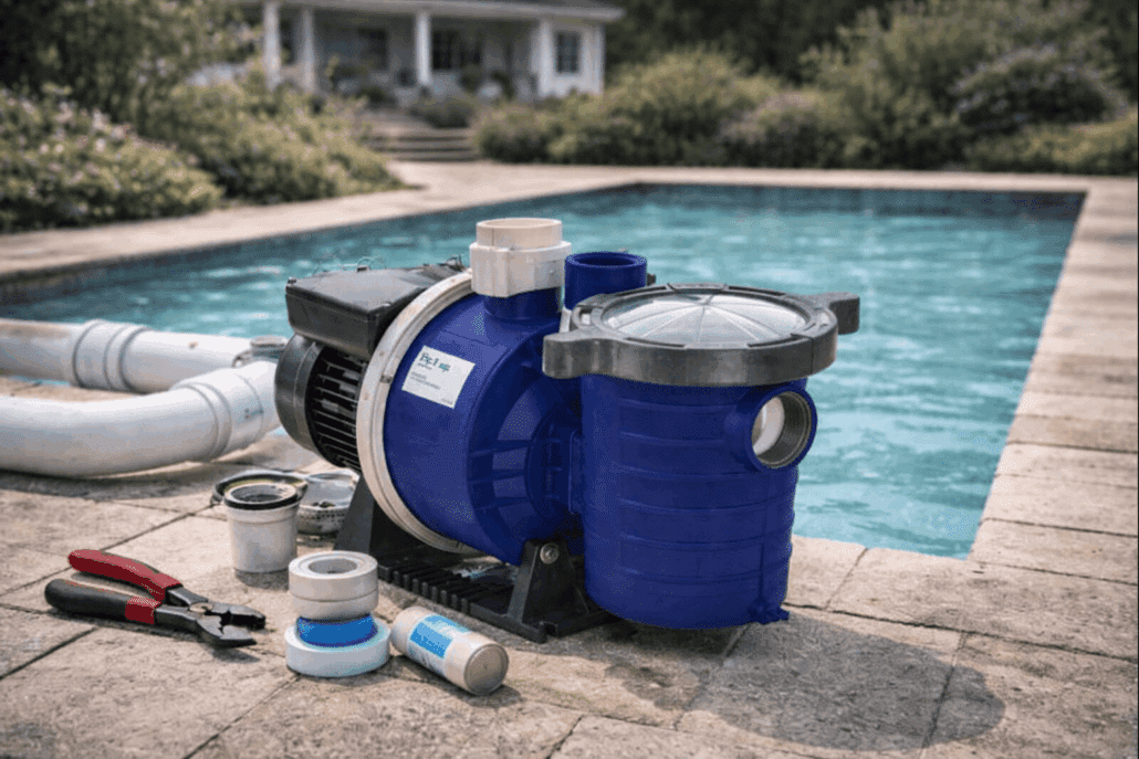 Pompe de filtration de piscine installée dans un local technique