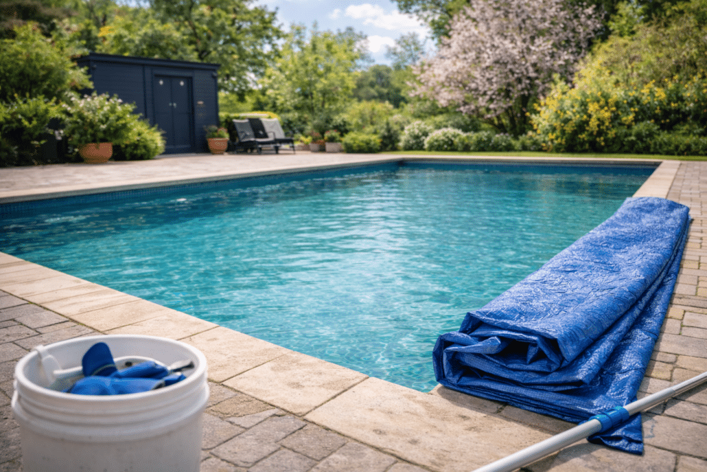 Piscine découverte au printemps lors de la remise en service après hivernage