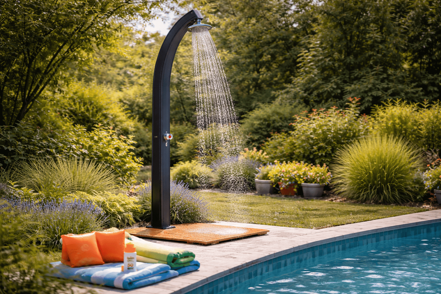 Visuel d’article sur le choix d’une douche solaire pour piscine ou jardin avec explications sur l’installation et l’utilisation