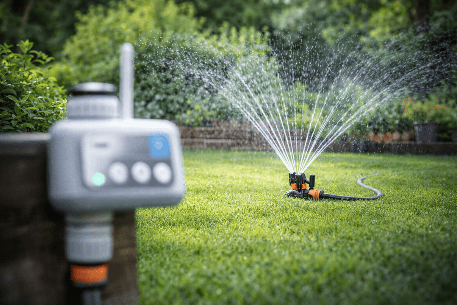 Illustration d’un article sur l’arrosage connecté montrant la connexion et l’automatisation d’un système d’arrosage de jardin