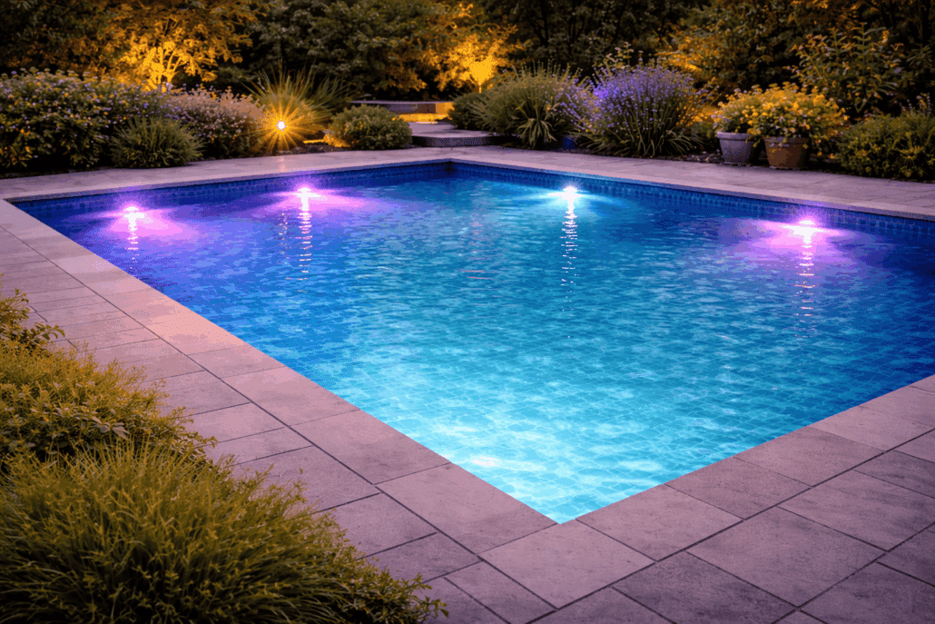 Visuel d’article sur l’installation d’un éclairage LED de piscine avec projecteur immergé et bassin éclairé en sécurité