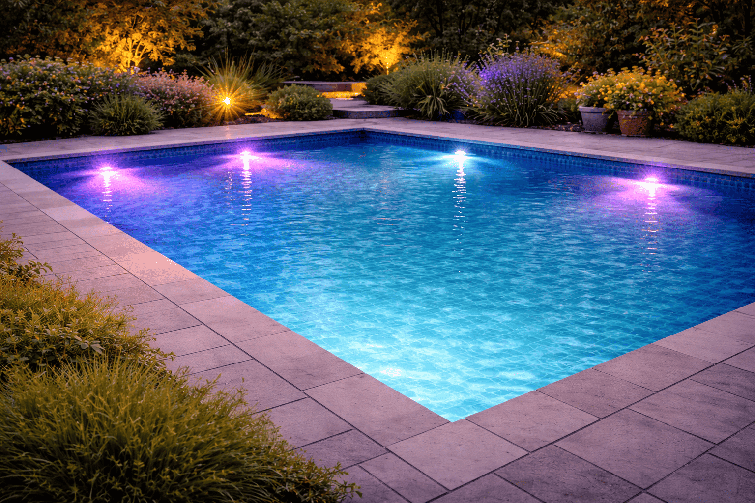 Visuel d’article sur l’installation d’un éclairage LED de piscine avec projecteur immergé et bassin éclairé en sécurité