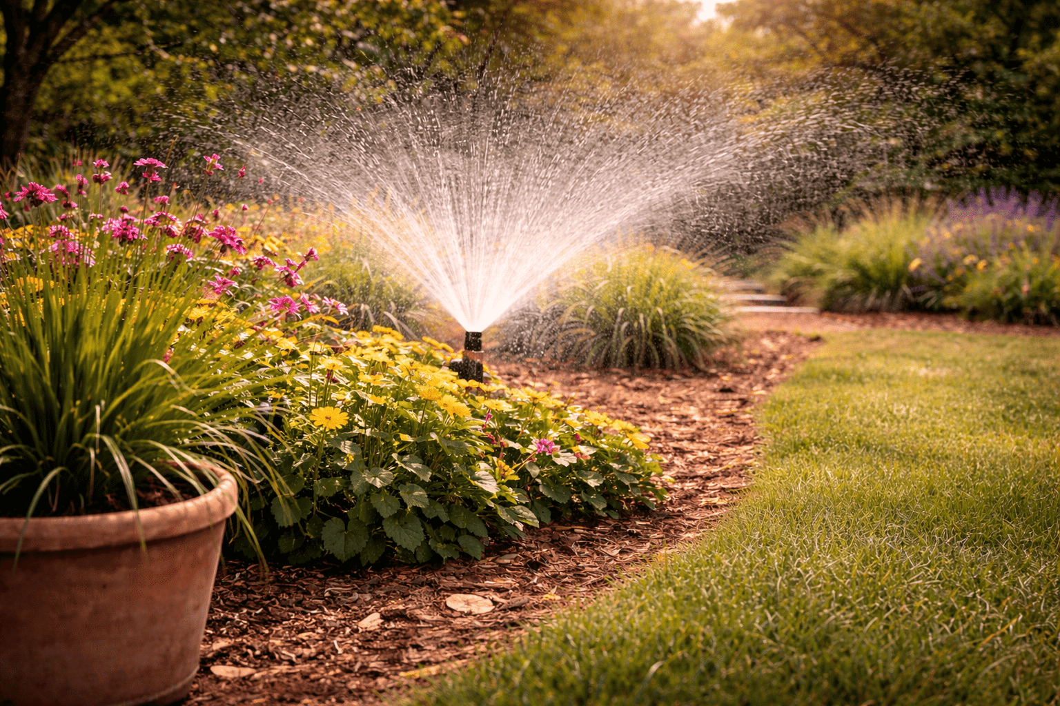 Illustration d’un article sur l’arrosage du jardin visant à limiter l’évaporation de l’eau et améliorer l’efficacité de l’arrosage