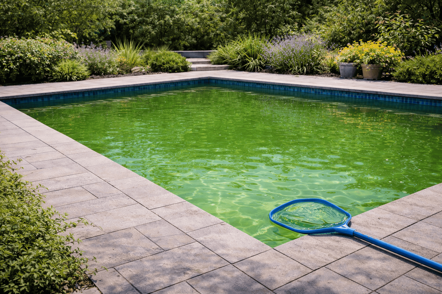 Visuel d’article sur le traitement de l’eau verte d’une piscine avec bassin en cours de clarification et étapes de nettoyage