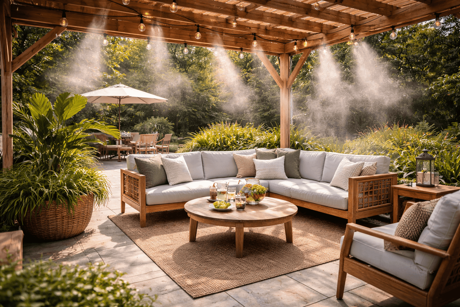 Illustration d’une terrasse extérieure aménagée pour conserver la fraîcheur en été grâce à l’ombrage et à l’eau