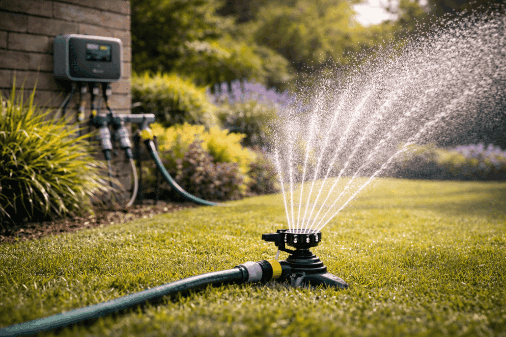 Illustration d’un système d’arrosage connecté piloté à distance pour optimiser l’irrigation du jardin et réduire la consommation d’eau