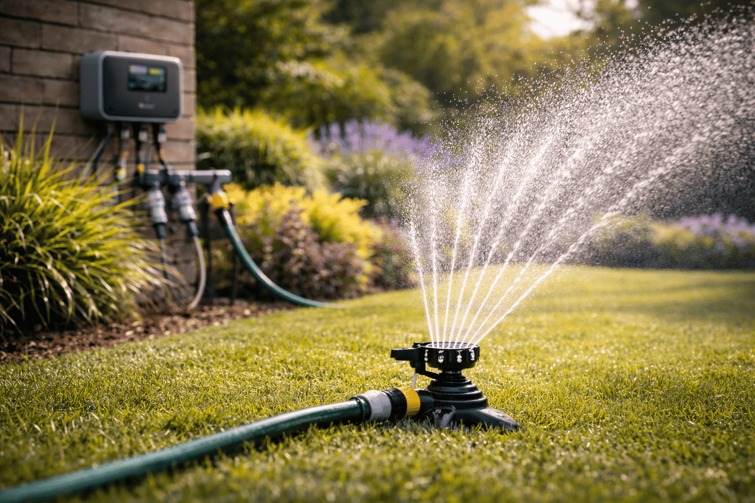 Illustration d’un système d’arrosage connecté piloté à distance pour optimiser l’irrigation du jardin et réduire la consommation d’eau