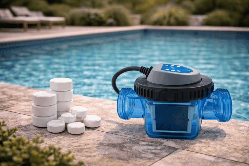 Illustration d’un comparatif des systèmes de traitement de l’eau de piscine au chlore et par électrolyse au sel