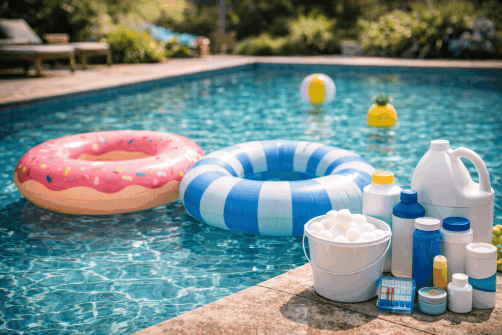 Illustration d’une piscine équipée d’accessoires de confort d’été assurant une eau agréable, propre et sécurisée