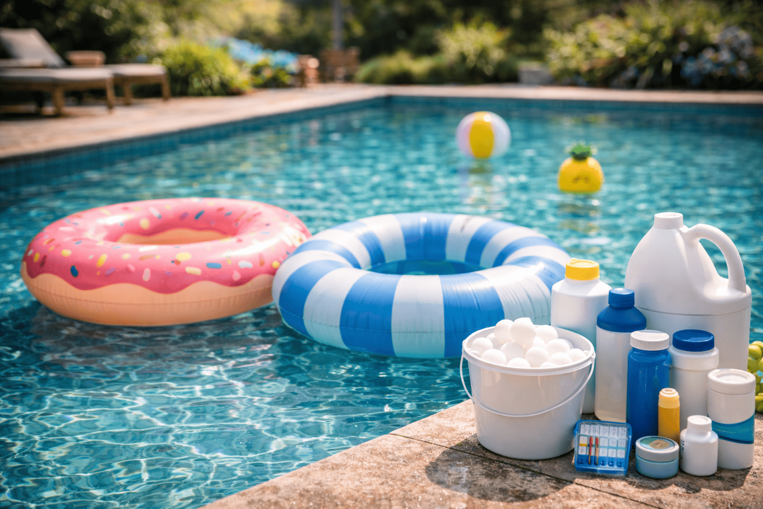 Illustration d’une piscine équipée d’accessoires de confort d’été assurant une eau agréable, propre et sécurisée