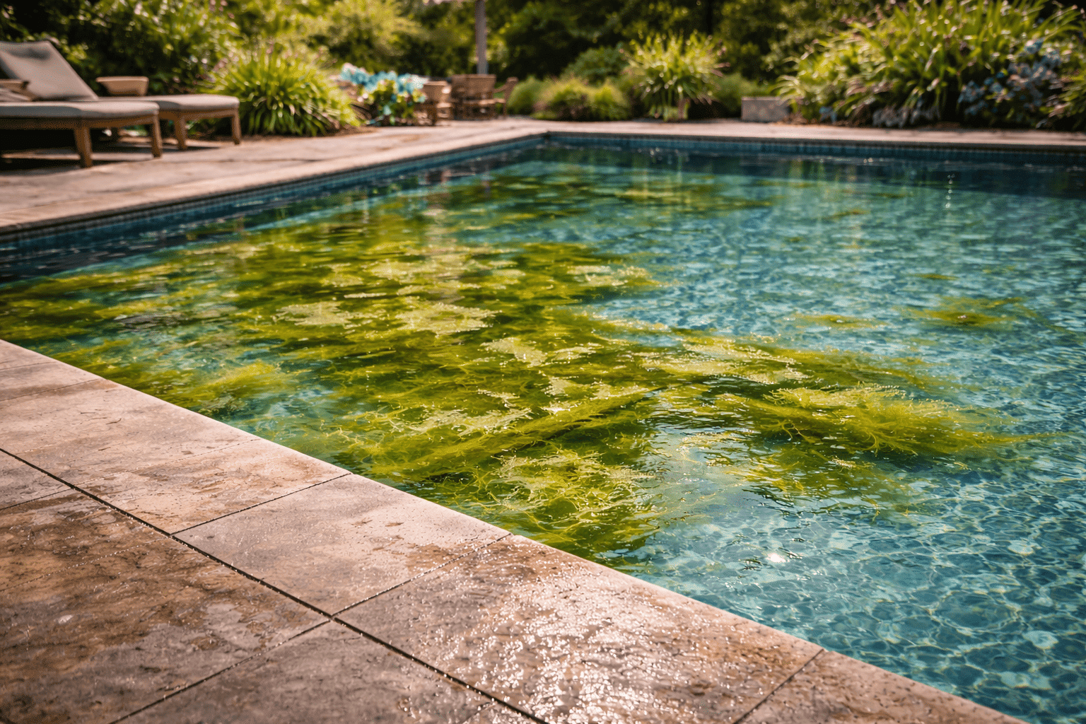 Illustration d’un bassin de piscine confronté à la prolifération d’algues, montrant les étapes de nettoyage et de traitement de l’eau