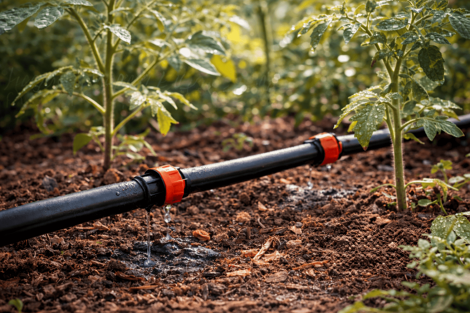 Système d’arrosage goutte à goutte installé au pied des plantes dans un jardin, illustrant une irrigation localisée et maîtrisée