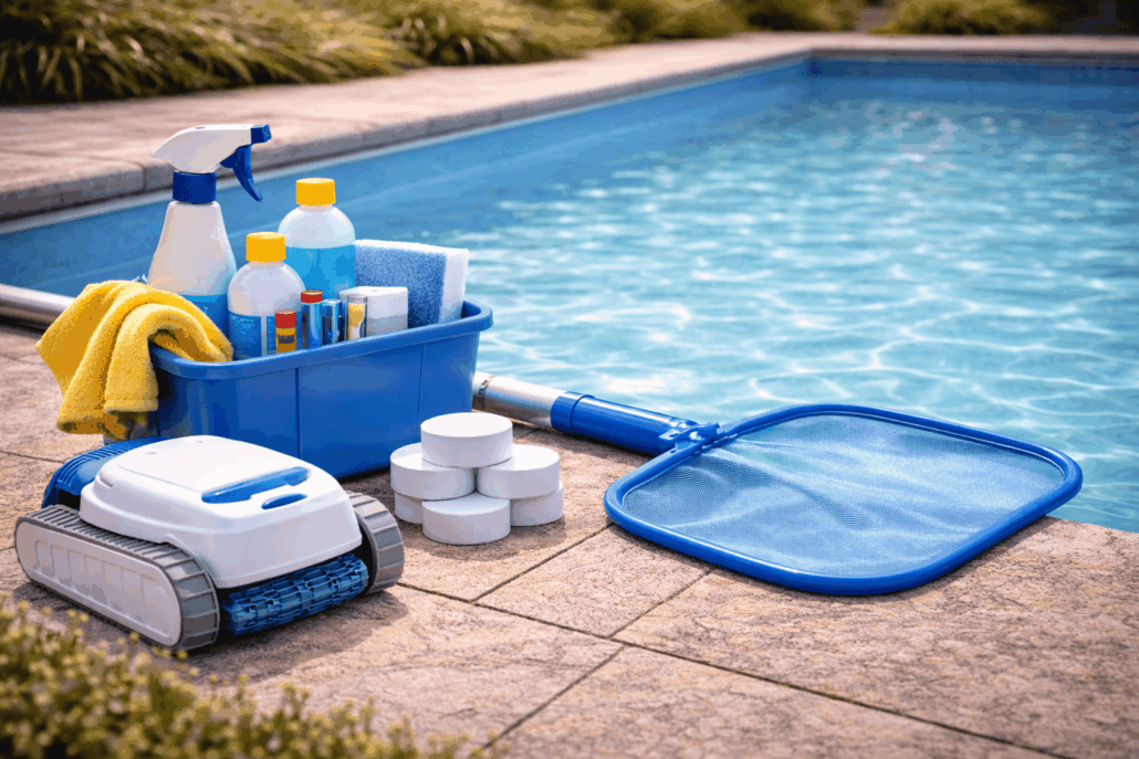 Illustration d’un entretien de piscine en été avec nettoyage du bassin, filtration en fonctionnement et outils adaptés pour une eau claire
