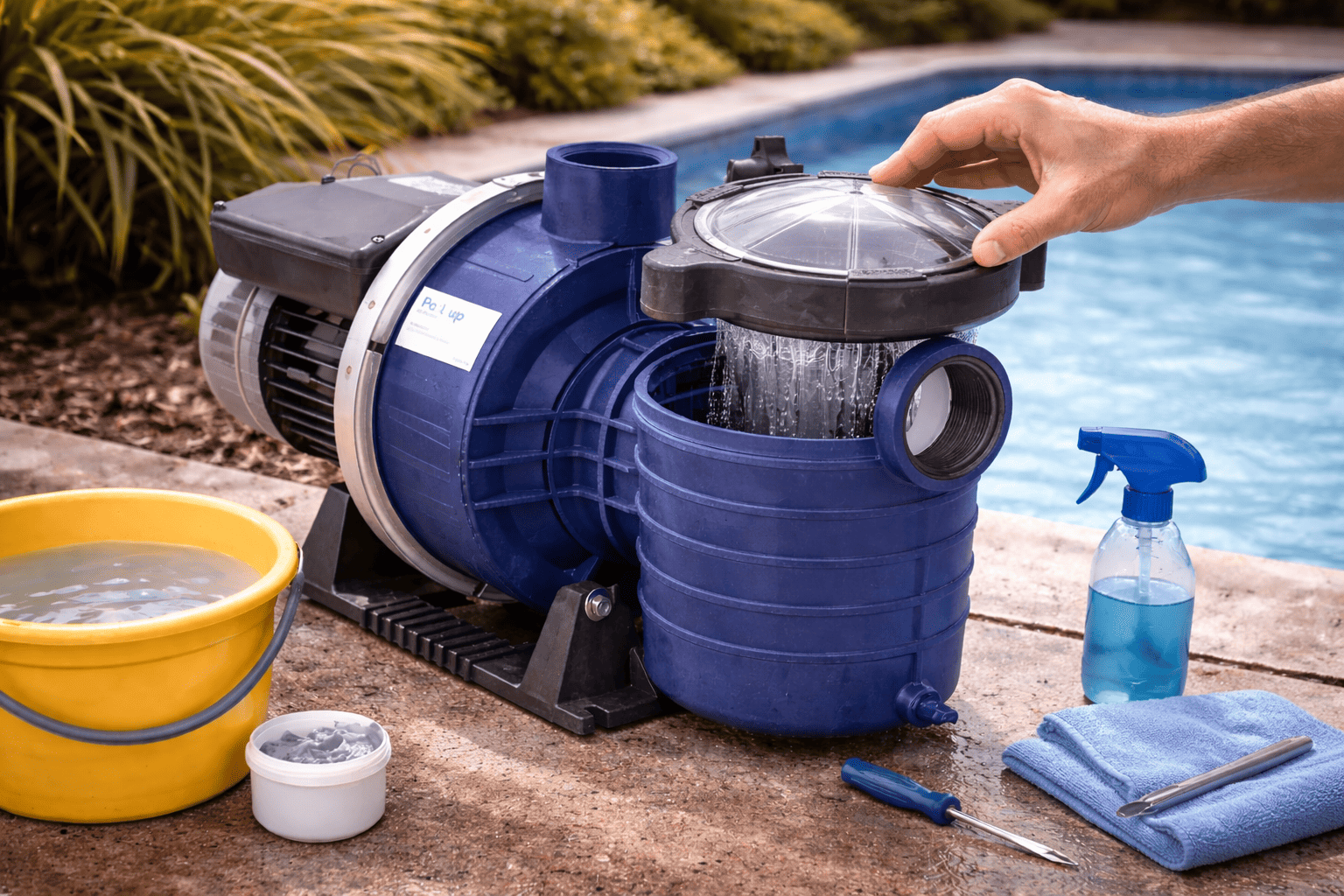Pompe de piscine en cours de nettoyage avec préfiltre ouvert et entretien du système de filtration