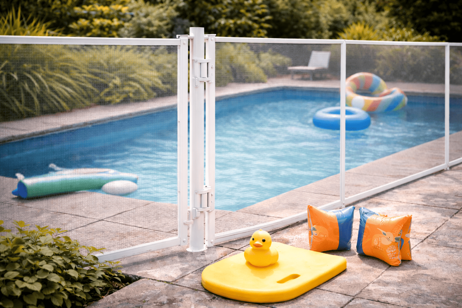 Piscine extérieure sécurisée avec barrière de protection et dispositifs de sécurité pour enfants en période estivale