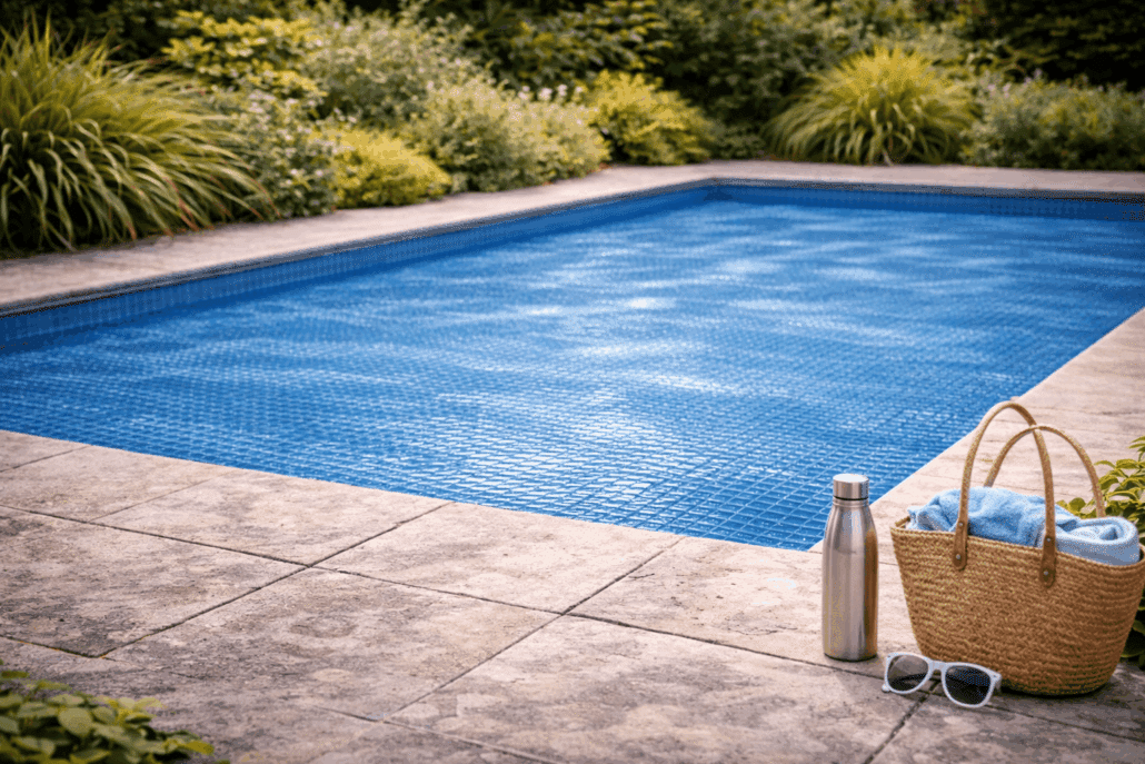 Piscine extérieure équipée d’une couverture limitant l’évaporation de l’eau en période estivale