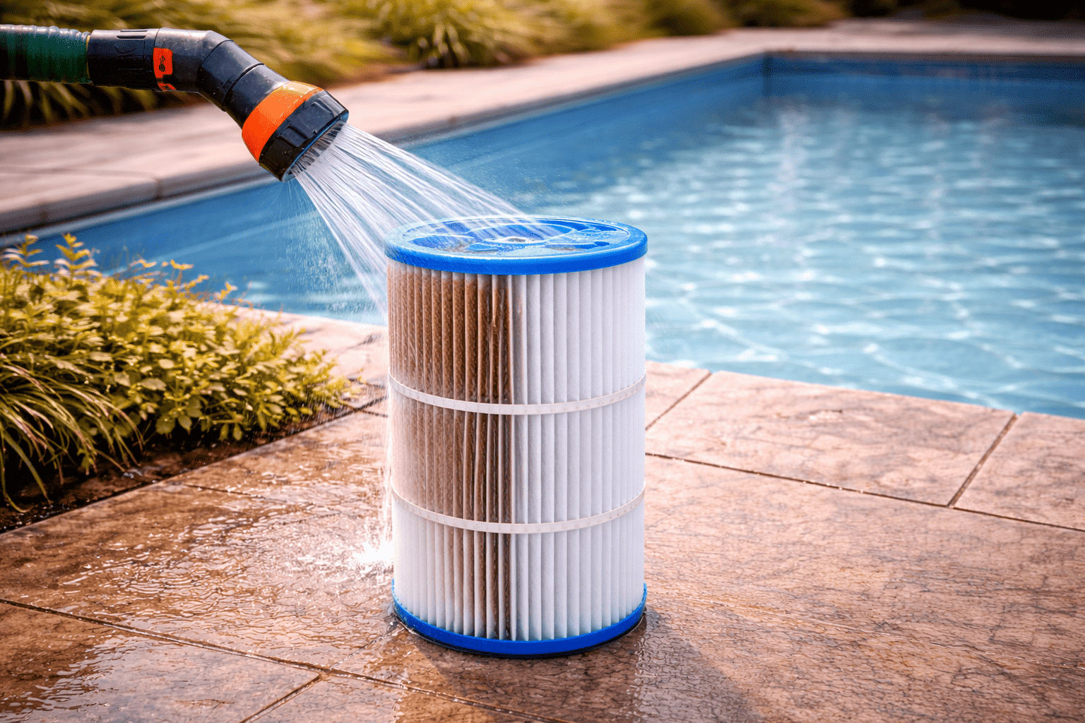 Filtre à cartouche de piscine en cours de rinçage pour garantir une filtration efficace et une eau claire