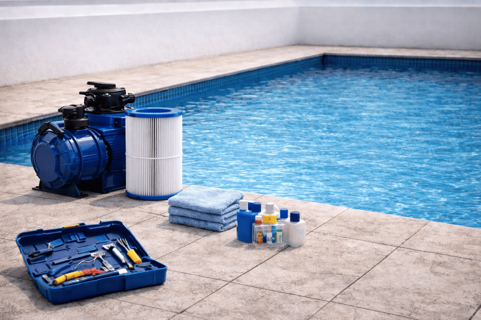 Local technique de piscine avec équipements de filtration et de sécurité inspectés lors de l’entretien annuel