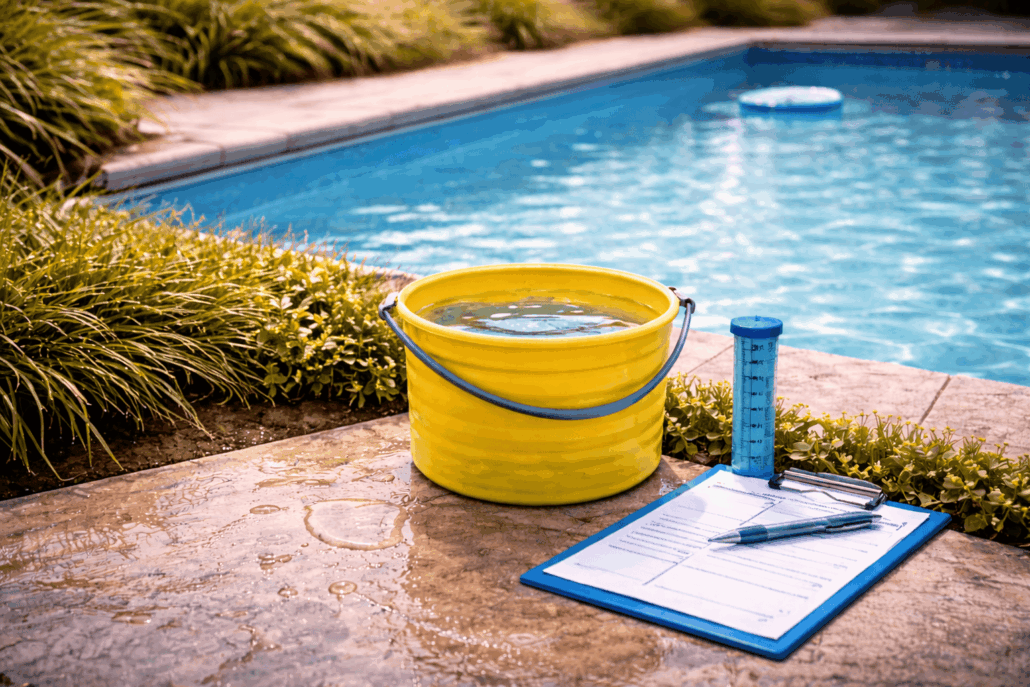 Illustration de la surconsommation d’eau avec piscine et arrosage de jardin, montrant les bons réflexes pour réduire le gaspillage et économiser l’eau