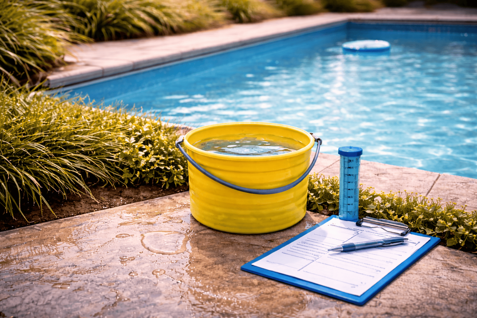 Illustration de la surconsommation d’eau avec piscine et arrosage de jardin, montrant les bons réflexes pour réduire le gaspillage et économiser l’eau