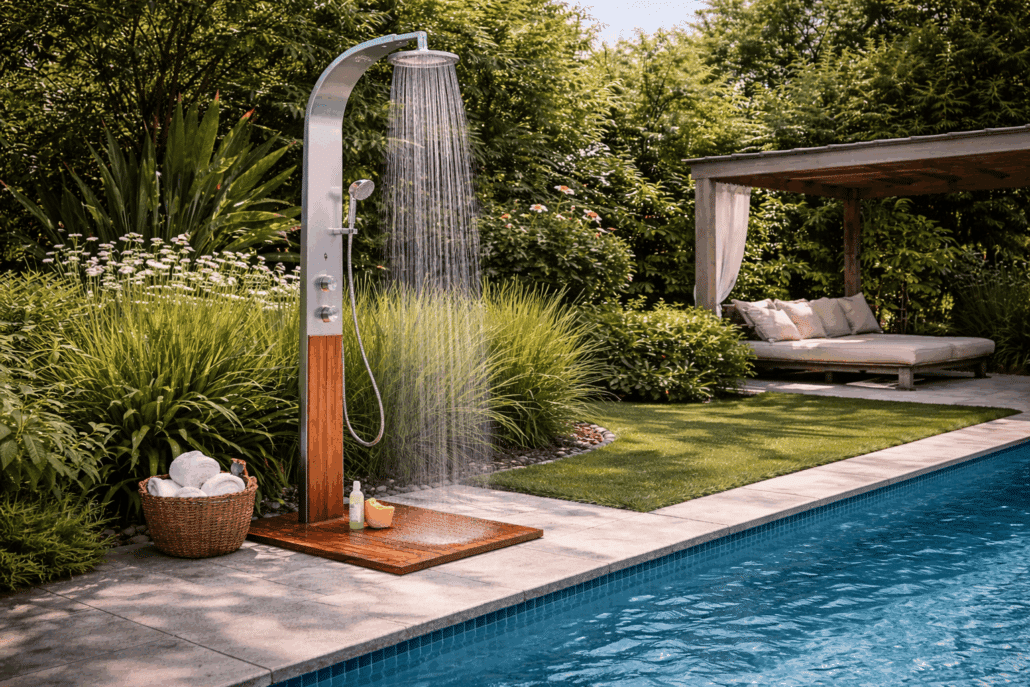 Douche extérieure installée près d’une piscine pour améliorer le confort et l’hygiène avant la baignade