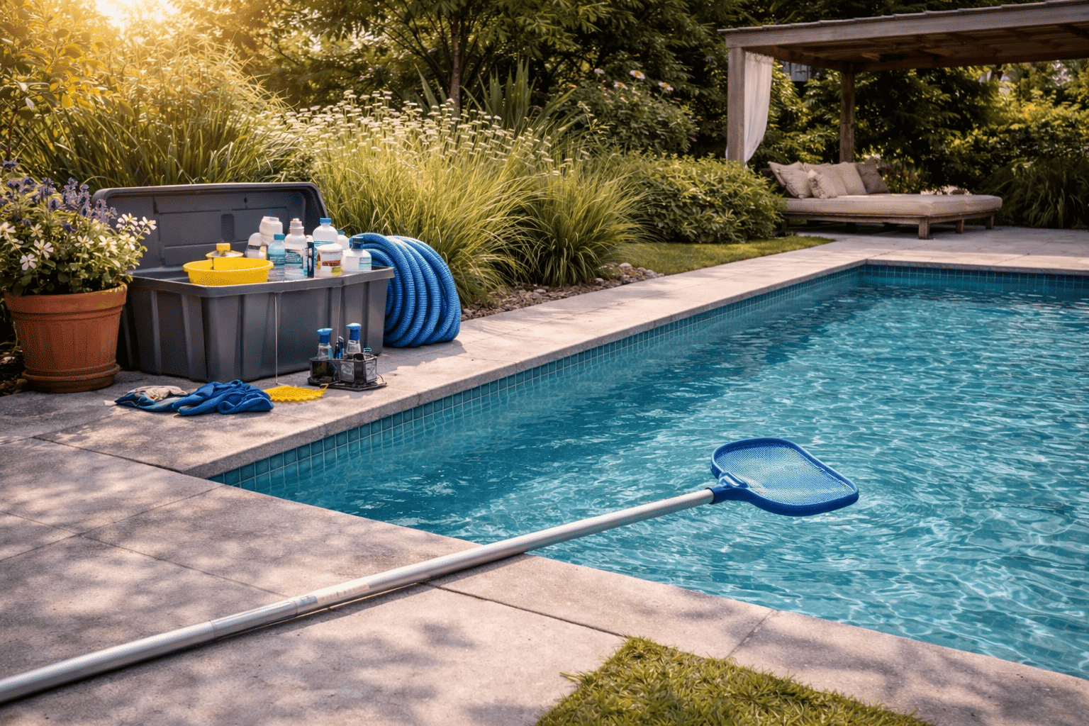 Préparation d’une piscine en fin d’été avec nettoyage du bassin et réglage de la filtration avant l’hivernage