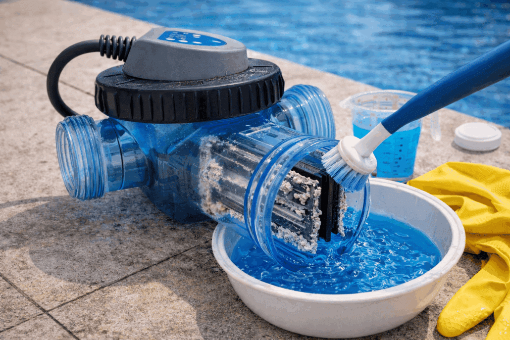 Nettoyage d’une cellule d’électrolyseur de piscine pour éliminer le calcaire et assurer une production optimale de chlore