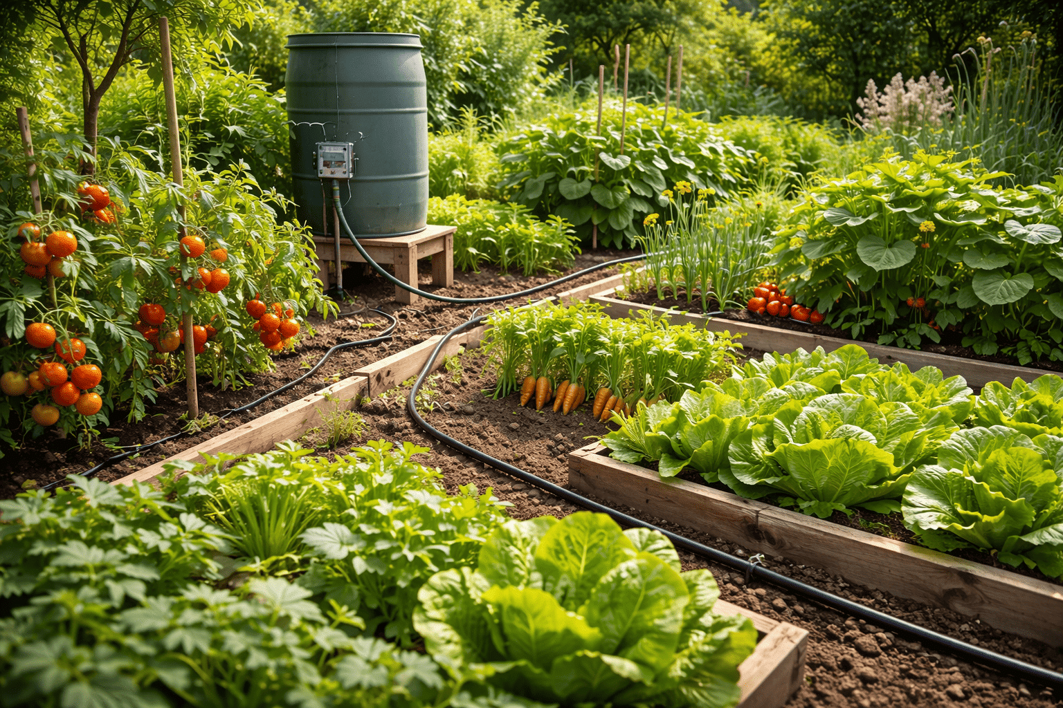 Arrosage économe d’un potager en été avec système goutte-à-goutte et paillage pour préserver l’humidité du sol