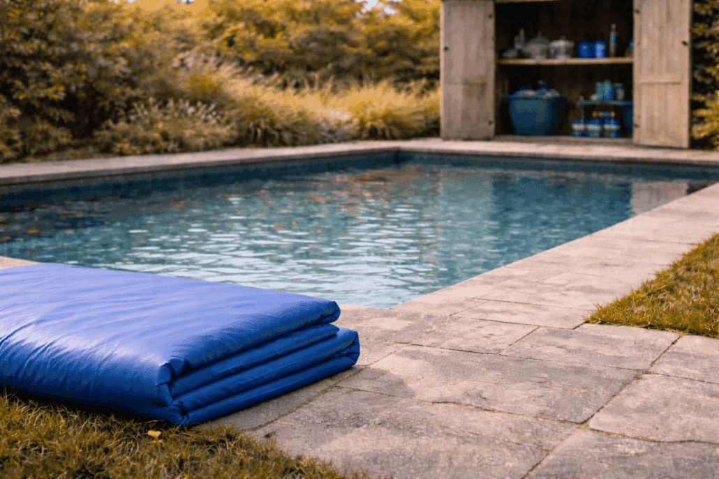 Préparation de la piscine avant l’hivernage avec nettoyage du bassin, accessoires rangés et équipements protégés contre le gel