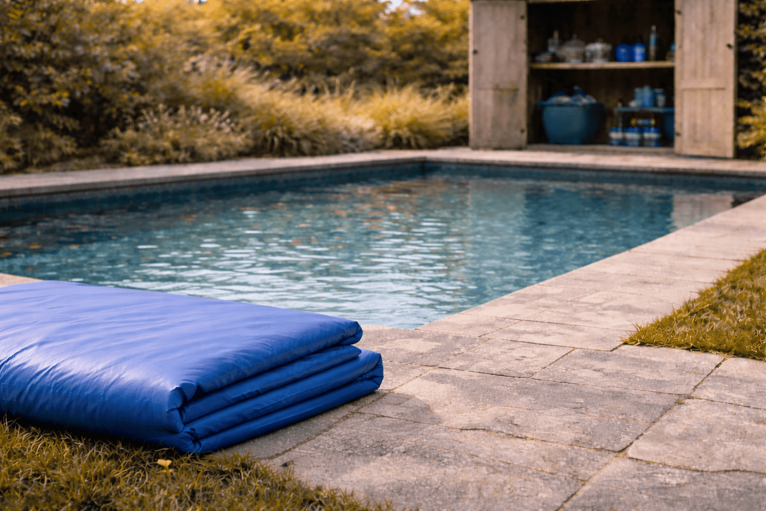 Préparation de la piscine avant l’hivernage avec nettoyage du bassin, accessoires rangés et équipements protégés contre le gel