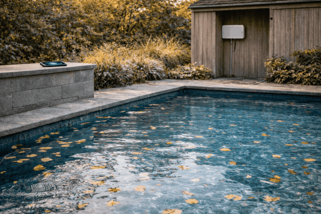 Préparation de la piscine en mode hiver avec système de domotique pour gérer filtration, niveau d’eau et protection antigel