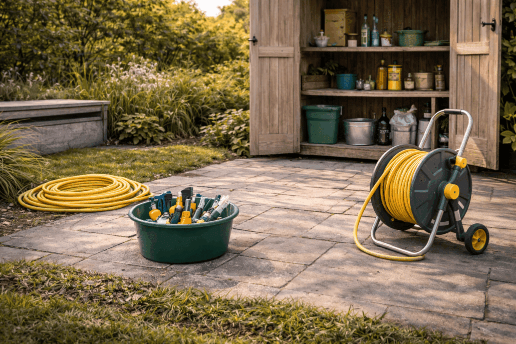 Nettoyage et rangement du matériel d’arrosage avec tuyaux, raccords et accessoires stockés correctement hors saison