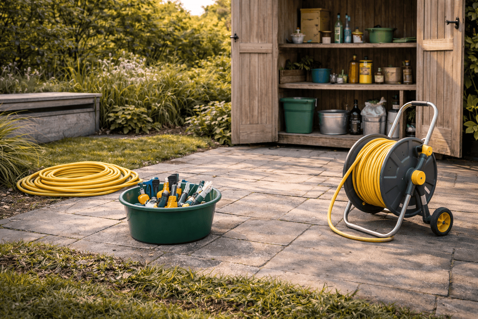 Nettoyage et rangement du matériel d’arrosage avec tuyaux, raccords et accessoires stockés correctement hors saison