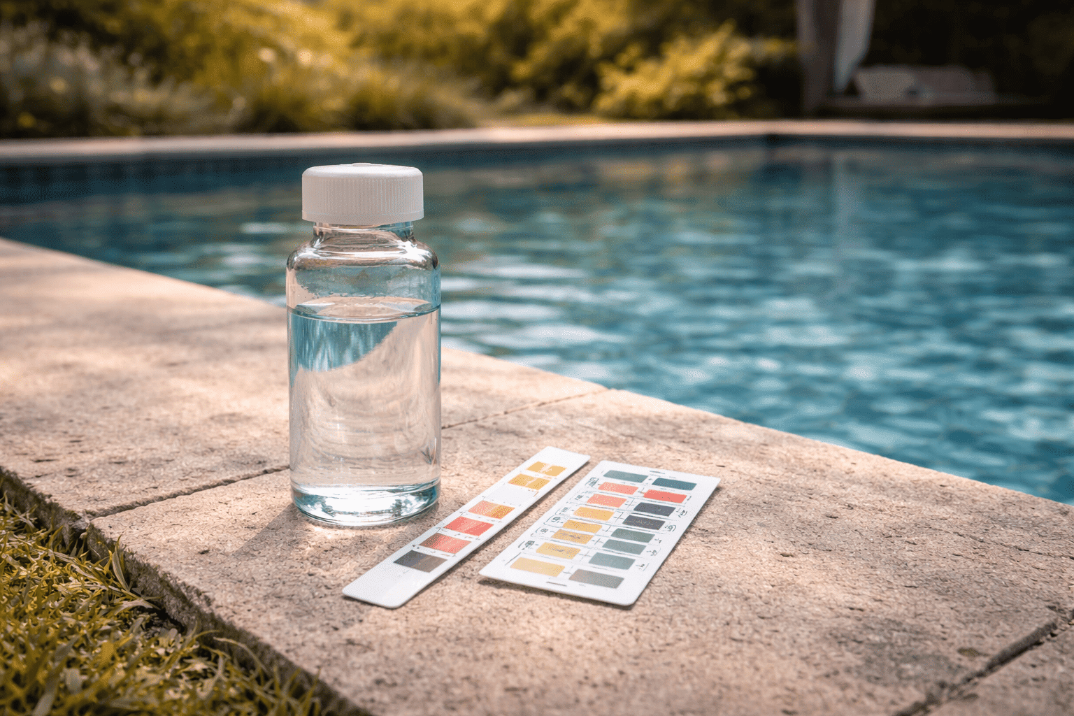 Analyse de l’eau de piscine en fin de saison avec test du pH, du chlore et de l’alcalinité avant l’hivernage