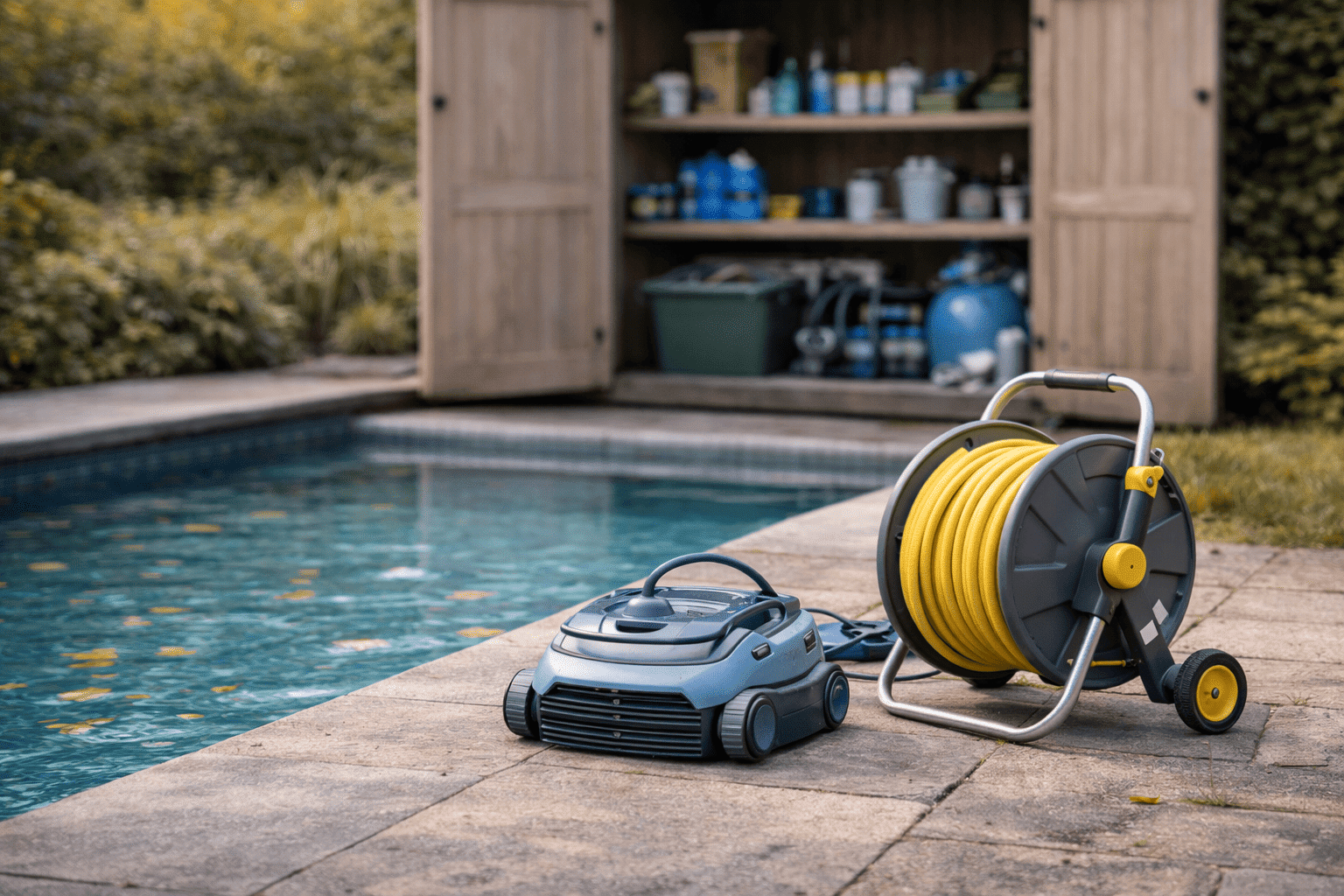 Vérification des accessoires de piscine avant l’hivernage : robot, skimmer, balai, équipements de sécurité et matériel de filtration nettoyés et rangés